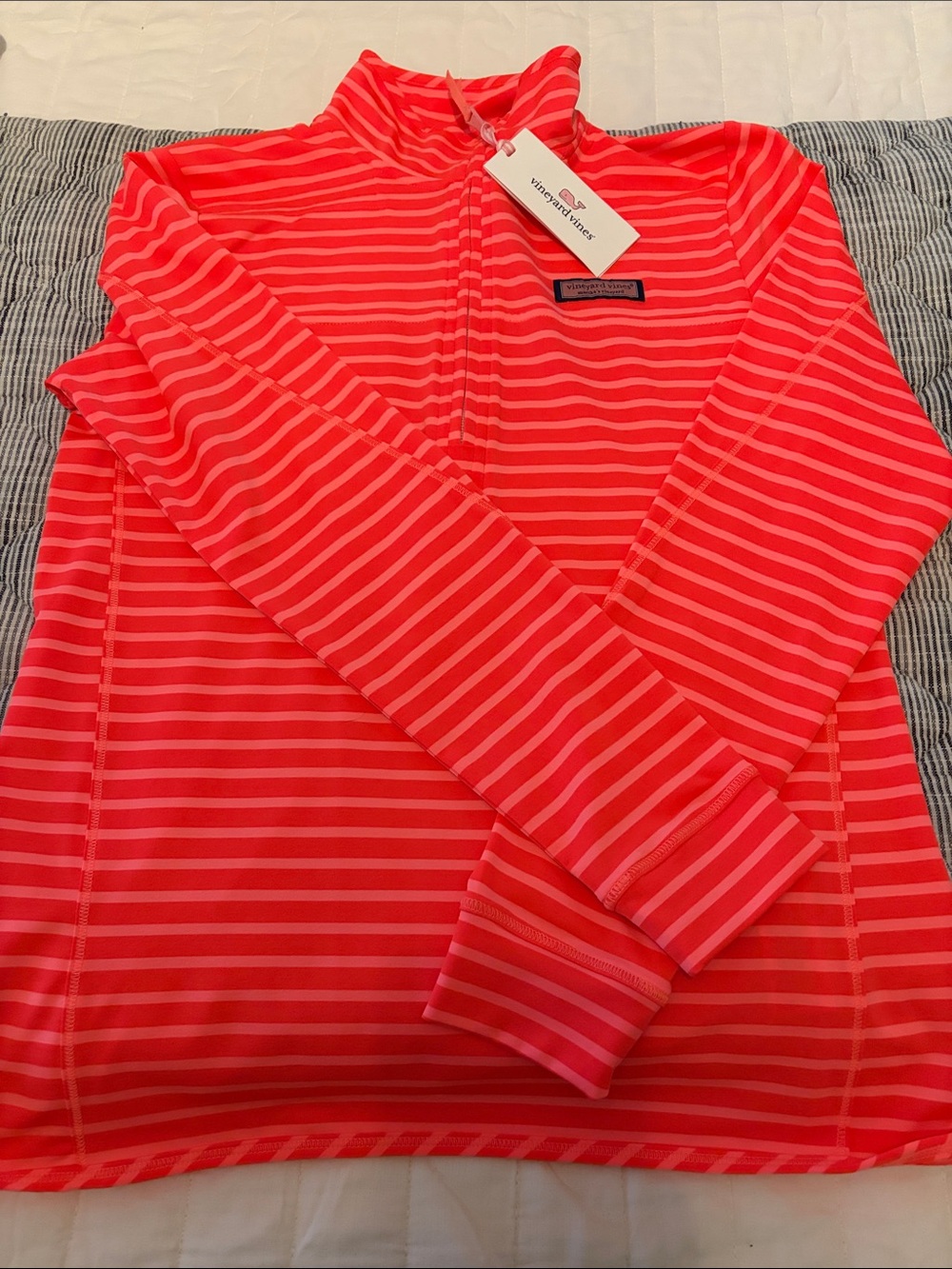 Ladies NWT Vineyard Vines Coral and Light Pink Striped Quarter-Zip Pullover